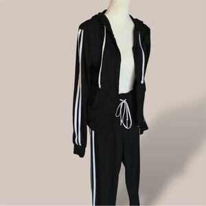 Streetwear 2pc Hoodie & Jogger Set White Stripes Drawstring Pockets Size Medium